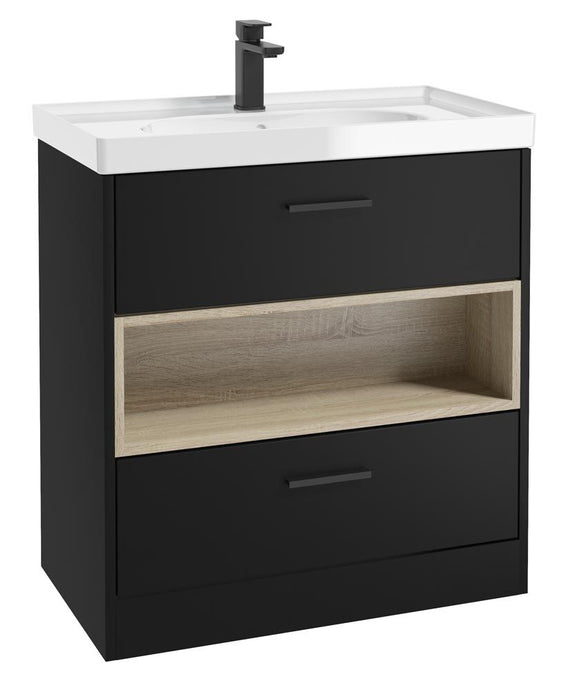 MALMO Floorstanding 80cm Two Drawer Unit Matt Black-Gloss Basin-Black Handles