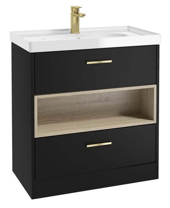 MALMO Floorstanding 80cm Two Drawer Unit Matt Black-Gloss Basin-Gold Handles