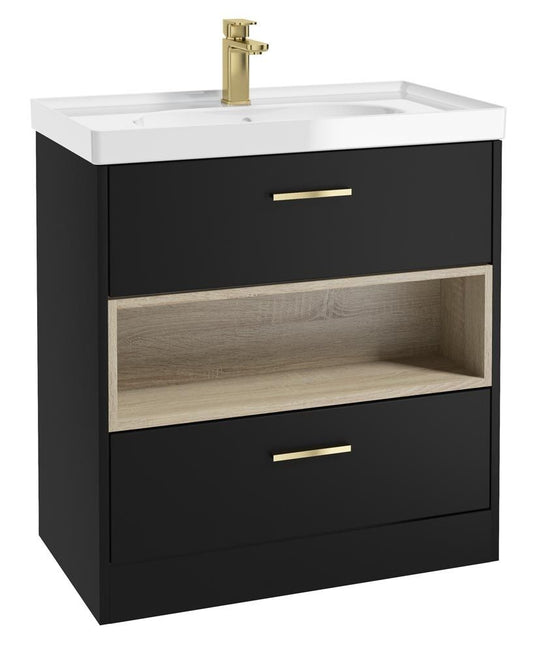 MALMO Floorstanding 80cm Two Drawer Unit Matt Black-Gloss Basin-Gold Handles