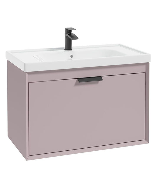 Sonas Fjord Wall Hung 80Cm Two Drawer Vanity Unit | Matt Cashmere Pink | Matt Black Handle | UF1098