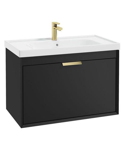Sonas Fjord Wall Hung 80Cm Two Drawer Vanity Unit | Matt Black | Brushed Gold Handle | UF1102