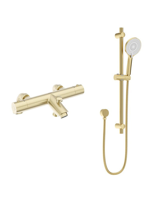 Sonas Form Deck Mounted Thermostatic Bath Shower Mixer& Slide Rail Kit | Brushed Gold