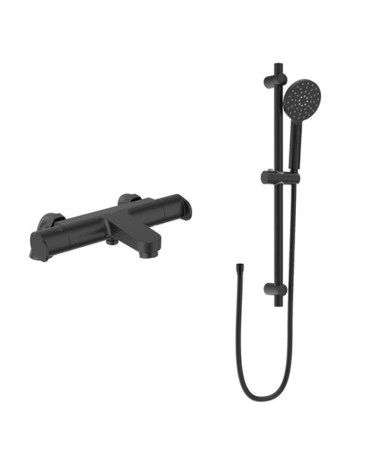 Sonas Urban Deck Mounted Thermostatic Bath Shower Mixer & Slide Rail Kit | Matt Black