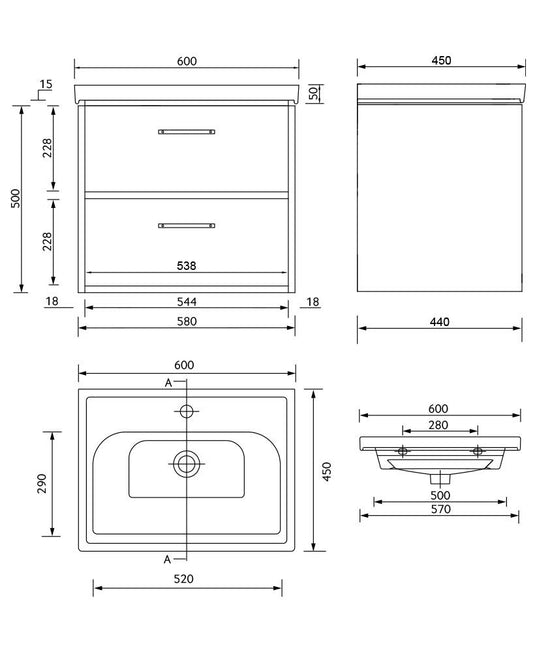 Sonas Finland Wall Hung 60Cm Two Drawer Vanity Unit | Matt Morning Sky Blue | Brushed Gold Handle | UF0537