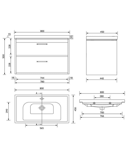 Sonas Finland Wall Hung 80Cm Two Drawer Vanity Unit measurements