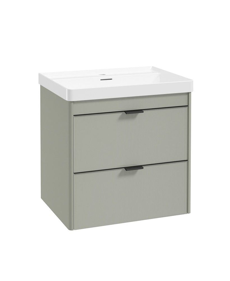 Załaduj obraz do przeglądarki galerii, Sonas Lumiere Wall Hung 60cm Two Drawers Vanity Unit | Reed Basin | Lakeside Sage | Matt Black Handles | UF3344
