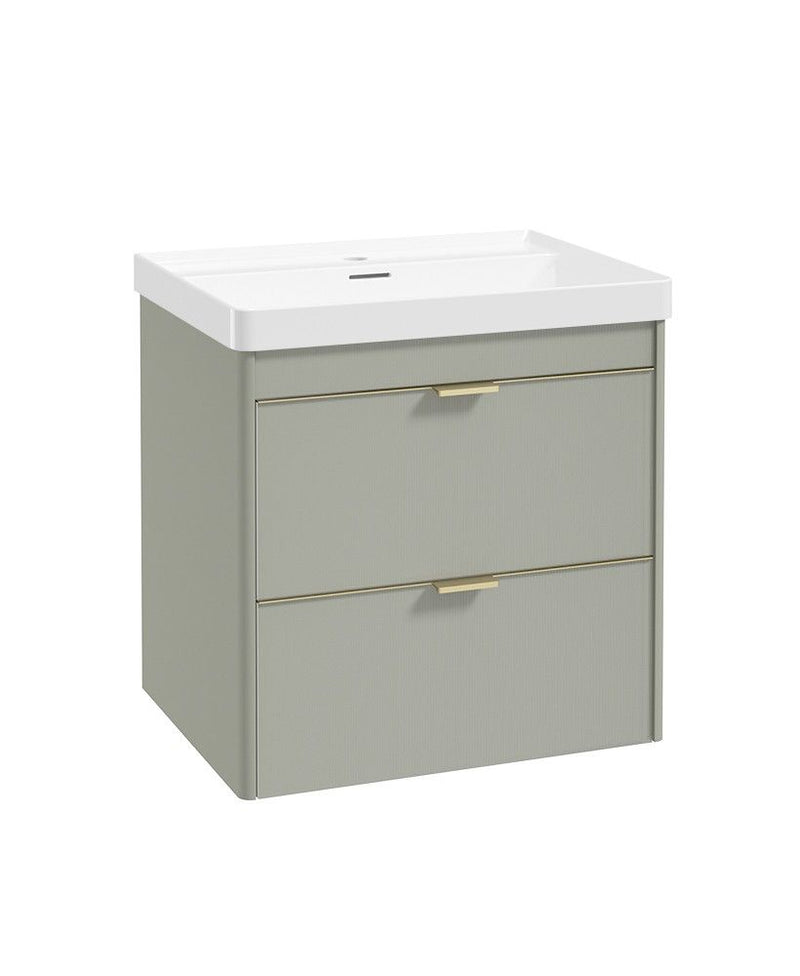Załaduj obraz do przeglądarki galerii, Sonas Lumiere Wall Hung 60cm Two Drawers Vanity Unit | Reed Basin | Lakeside Sage | Brushed Gold Handles | UF3345
