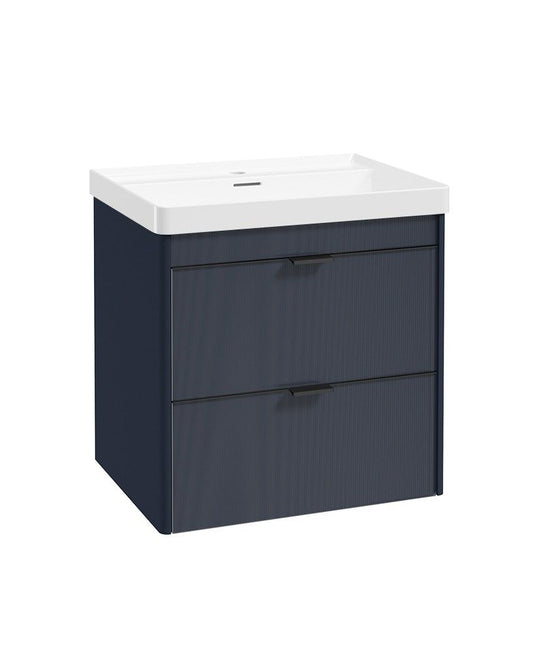 Sonas Lumiere Wall Hung 60cm Two Drawers Vanity Unit | Reed Basin | Cobalt Night | Matt Black Handles | UF3348