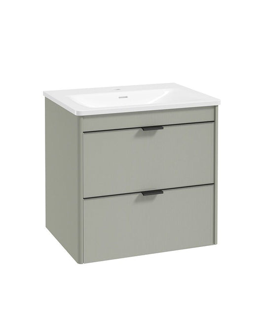 Sonas Lumiere Wall Hung 60cm Two Drawers Vanity Unit | Shadow Basin | Lakeside Sage | Matt Black Handles | UF2477
