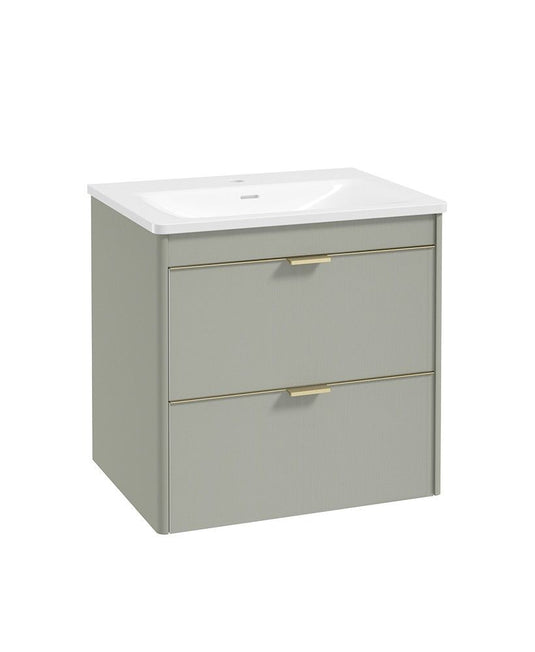 Sonas Lumiere Wall Hung 60cm Two Drawers Vanity Unit | Shadow Basin | Lakeside Sage | Brushed Gold Handles | UF2478
