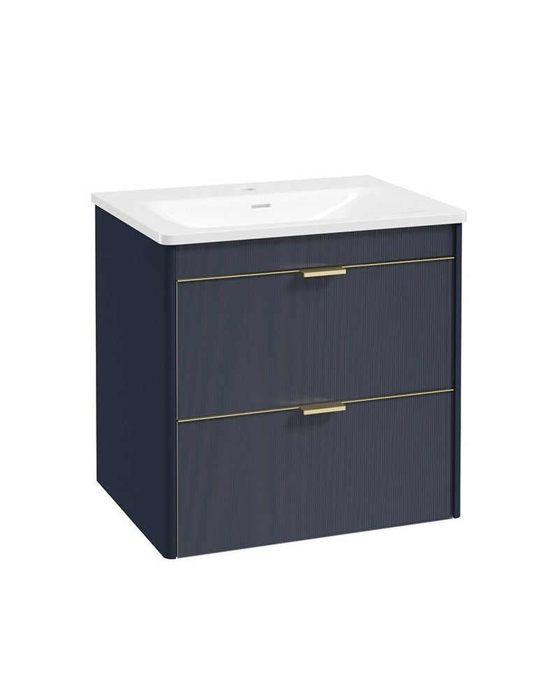 Załaduj obraz do przeglądarki galerii, Sonas Lumiere Wall Hung 60cm Two Drawers Vanity Unit | Shadow Basin | Cobalt Night | Brushed Gold Handles | UF2482
