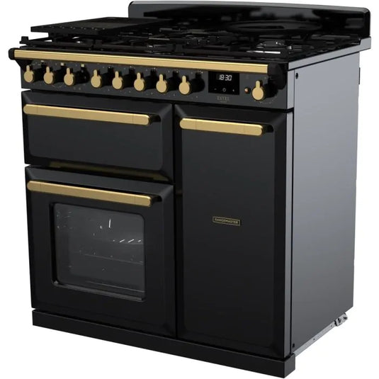 Rangemaster Estel Deluxe 90 | Dual Fuel | Gloss Black | Antique Brass Trim | ESDL90DFPGBL/AB1