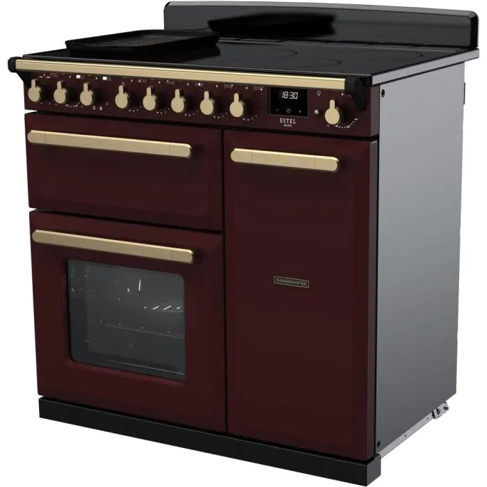 Завантажте зображення в засіб перегляду галереї, Rangemaster Estel Deluxe 90cm Induction Range Cooker | Bordeaux / Antique Brass | ESDL90EIPBOR/AB1
