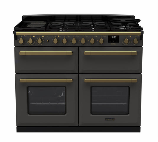 Rangemaster Estel Deluxe 110 Slow Oven | Dual Fuel | Slate | Antique Brass Trim | ESDLB110DFPSLT/AB1