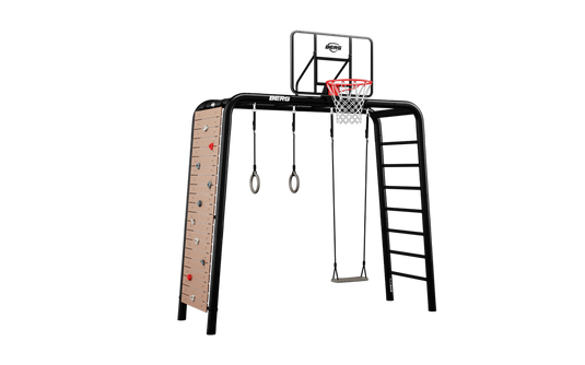 Berg play base with basketball hoop, swing, swinging rings and climbing wall and climbing ladder 