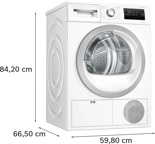 side view of white heat pump dryer and dimensions