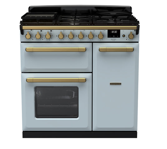 Rangemaster Estel Deluxe 90 | Dual Fuel | Misty Blue  | Antique Brass Trim | ESDL90DFPMSB/AB1