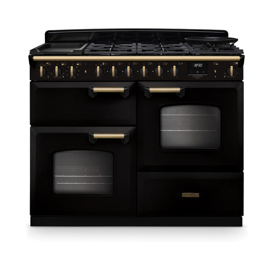 Rangemaster Classic Deluxe Oc 110 Dual Fuel Black with Antique Brass Trim | CLDLO110DFPGBL/AB1