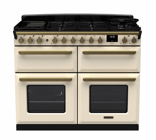 Rangemaster Estel Deluxe 110 Slow Oven | Dual Fuel | Pale Cream | Antique Brass Trim | ESDLB110DFPPCR/AB1