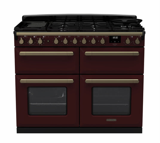 Rangemaster Estel Deluxe 110 Slow Oven | Dual Fuel | Bordeaux | Antique Brass Trim | ESDLB110DFPBOR/AB1