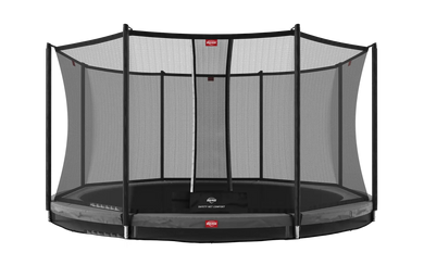 grey inground trampoline with net