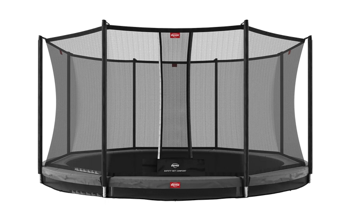 grey inground trampoline with net