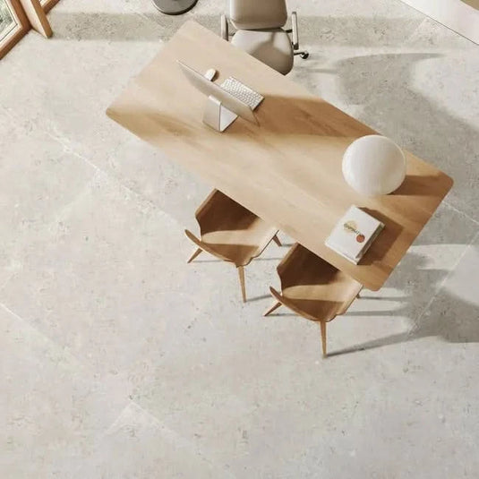 blanco coralina tile 90x90cm displayed in a living area