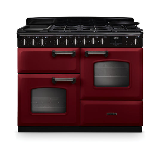 Rangemaster Classic Deluxe Oc 110 Dual Fuel Bordeaux with Chrome trim | CLDLO110DFPBOR/CM1