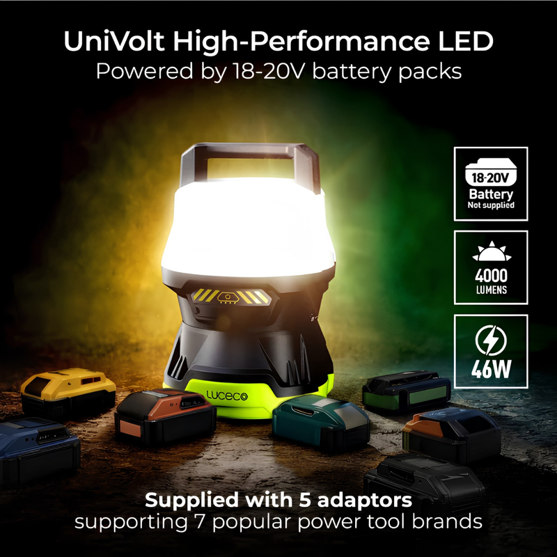 Załaduj obraz do przeglądarki galerii, Luceco 18V Battery Powered Led Area Worklight With Adaptors | 4000Lm | 6500K | LWHOAV400G65-01
