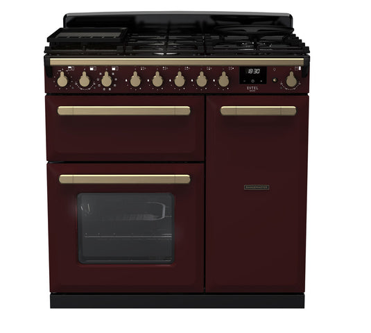Rangemaster Estel Deluxe 90 | Dual Fuel | Bordeaux | Antique Brass Trim | ESDL90DFPBOR/AB1