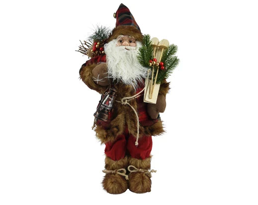 60cm Santa Figurine with Red Check Coat, Ski & Lantern | 547718