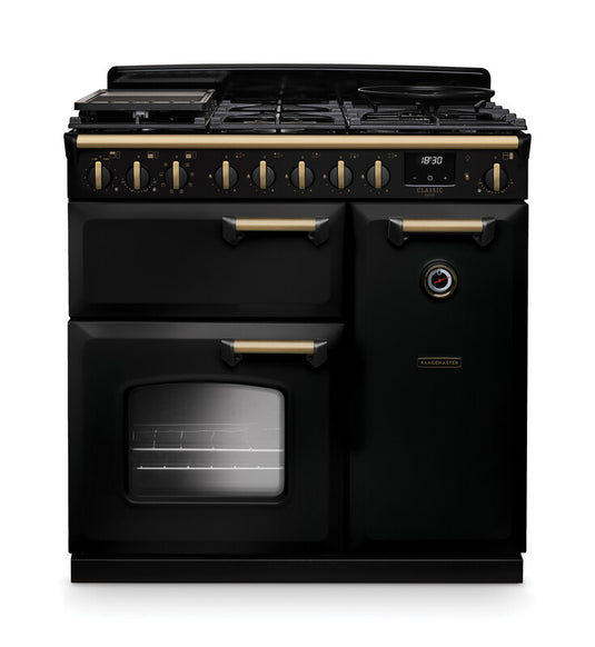 Rangemaster Classic Deluxe 90 Dual Fuel Black with Antique Brass Trim | CLDL90DFPGBL/AB1