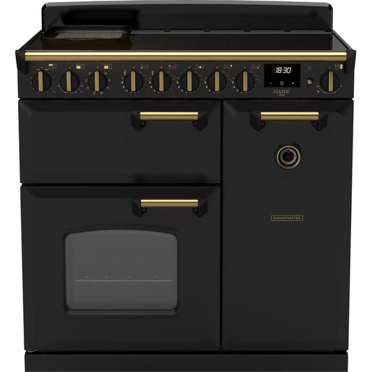 Rangemaster Classic Deluxe 90 Induction Charcoal Black with Antique Brass Trim | CLDL90EIPCBL/AB1