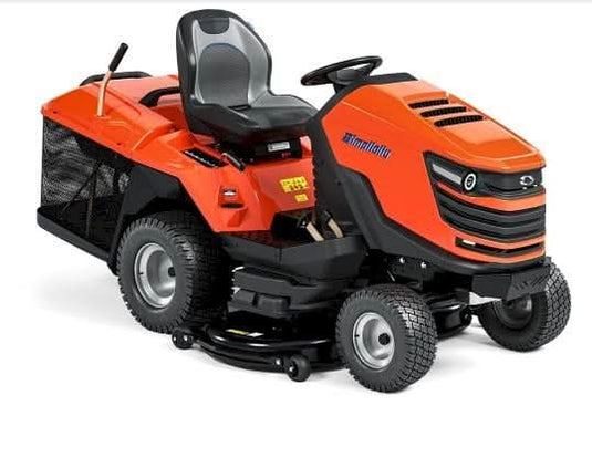 orange 724cc ride-on lawnmower with rear discharge & 380 litre collection bag. 122cm width cutting frame.