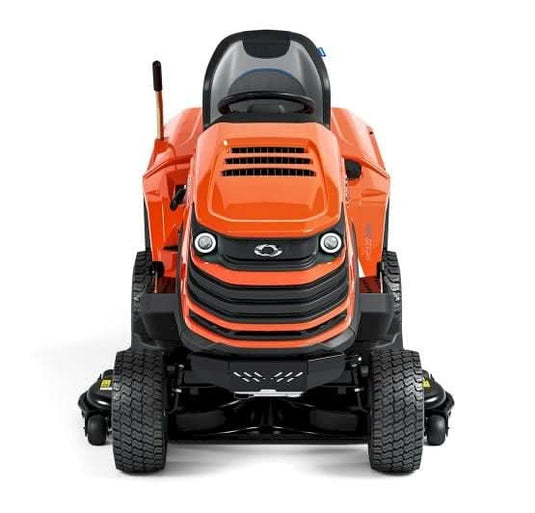 front view of orange 724cc ride-on lawnmower with rear discharge & 380 litre collection bag