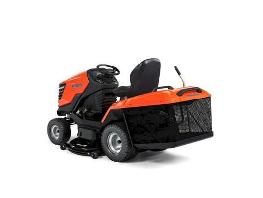 rear view of orange 724cc ride-on lawnmower with rear discharge & 380 litre collection bag