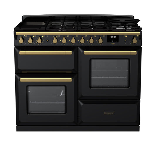 Rangemaster Estel Deluxe 110 Standard Format | Dual Fuel | Gloss Black | Antique Brass Trim | ESDLO110DFPGBL/AB1