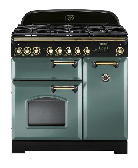 Rangemaster Classic Deluxe 90 Dual Fuel Mineral Green with Antique Brass Trim | CLDL90DFPMGR/AB1