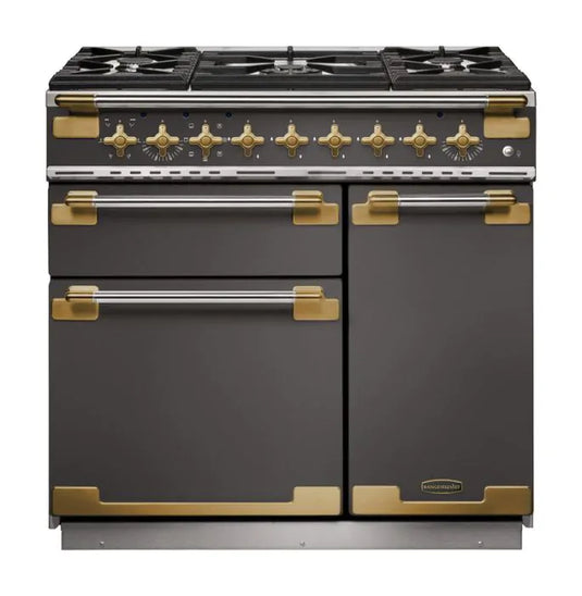 Rangemaster Elise 90 Dual Fuel Slate Slate with Antique Brass Trim | ELS90DFFSL/AB