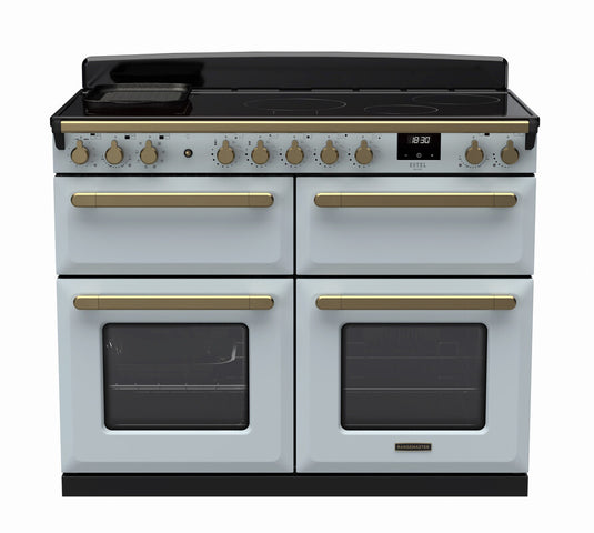 Rangemaster Estel Deluxe 110 Slow Oven | Induction | Misty Blue  | Antique Brass Trim | ESDLB110EIPMSB/AB1