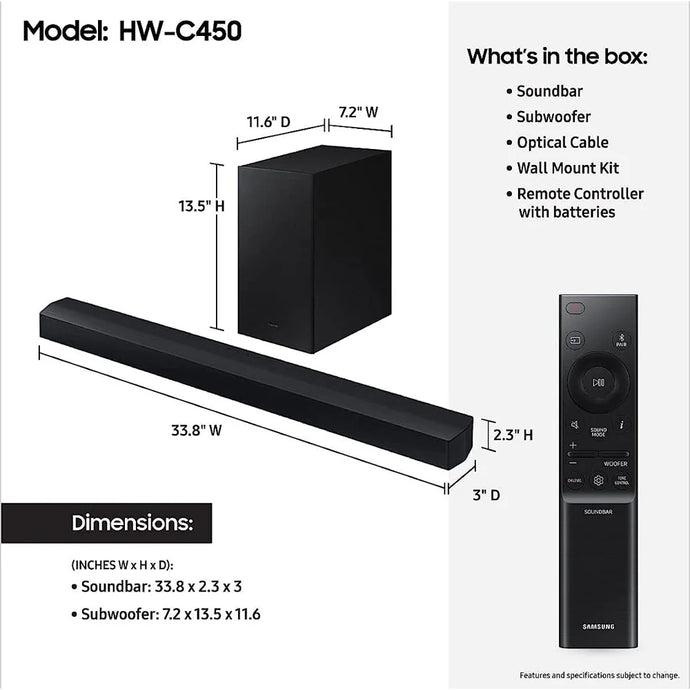 Samsung C450 Soundbar with Wireless Subwoofer | 2.1CH | 300W | Black | HW-C450/XU