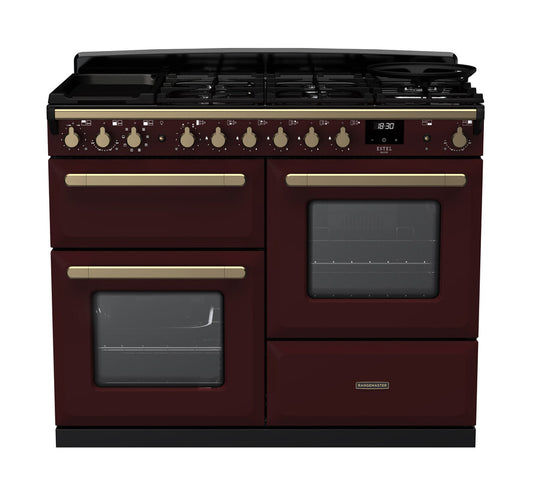 Rangemaster Estel Deluxe 110 Standard Format | Dual Fuel | Bordeaux | Antique Brass Trim | ESDLO110DFPBOR/AB1