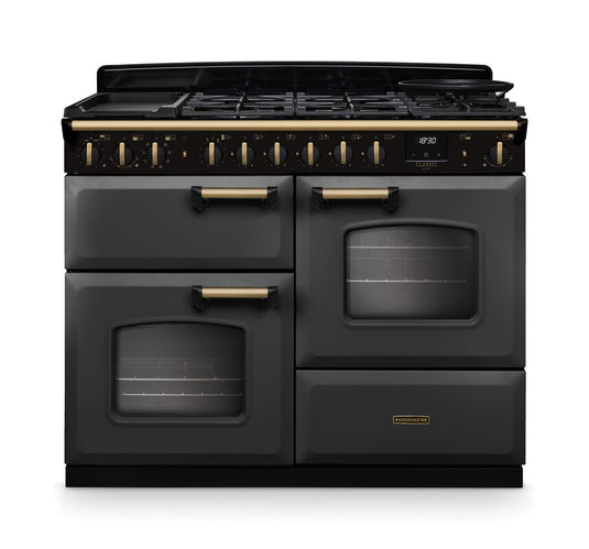 Rangemaster Classic Deluxe Oc 110 Dual Fuel Slate with Antique Brass Trim | CLDLO110DFPSLT/AB1