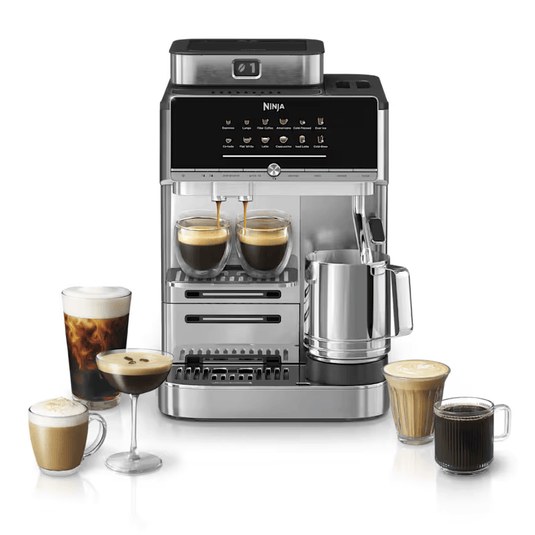 Ninja coffee maker with various coffee drinks on a white background