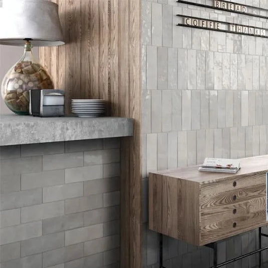 artisan tile in alabaster, 6.5x20cm in the hallway