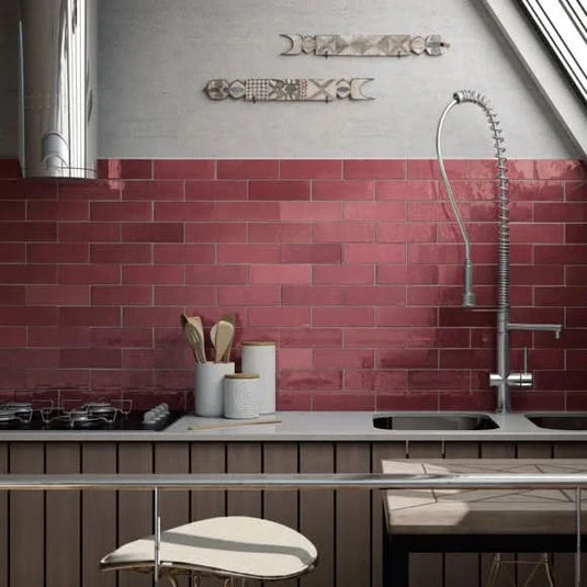 artisan tile in burgundy, 6.5x20cm in the kitchen