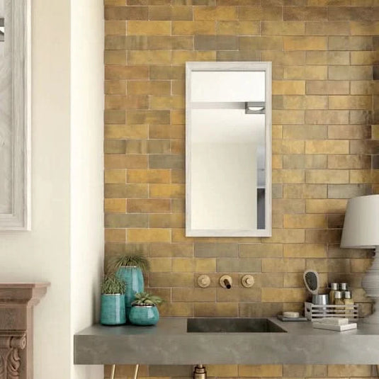 artisan tile in gold, 6.5x20cm in the kitchen