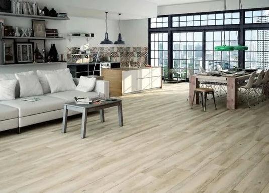 beige atelier tile 23.3x120cm displayed in a living area