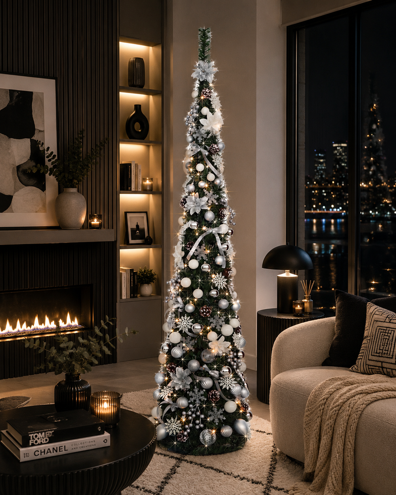 Załaduj obraz do przeglądarki galerii, Portland Fir 7 ft Pre-Lit Decorated Pop Up Tree Cotswold Frost | EB206(2)PLC
