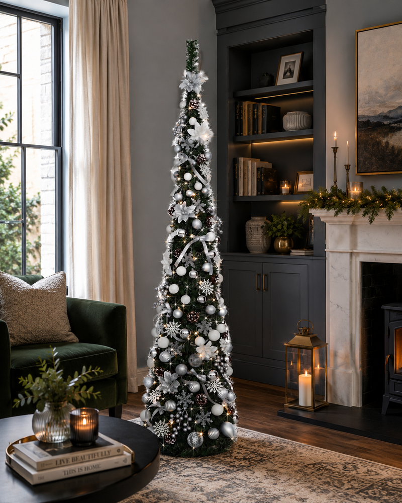 Załaduj obraz do przeglądarki galerii, Portland Fir 7 ft Pre-Lit Decorated Pop Up Tree Cotswold Frost | EB206(2)PLC
